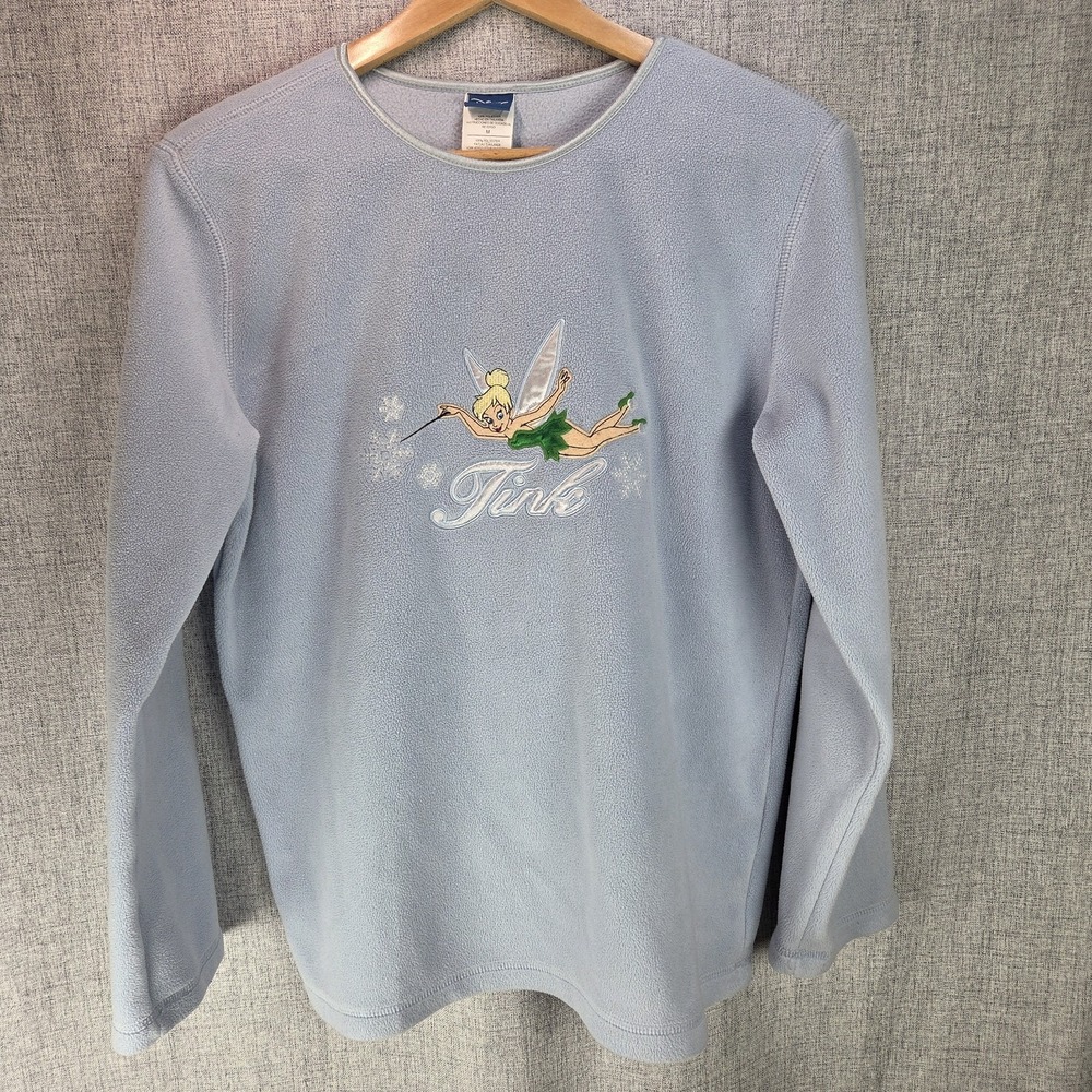 Disney "Tink" Tinkerbell VTG Blue Sweatshirt M Y2K Embroidered Satin Trim Fairy